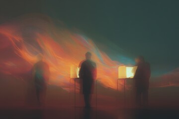 Fototapete - Silhouetted figures interacting with illuminated objects against a vibrant backdrop in an abstract setting