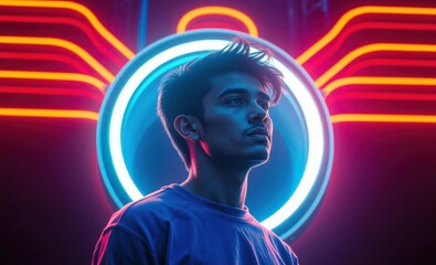 Fototapete - Contemplative figure in front of vibrant neon lights Vibrant Rim Light technology vibrant background colorful modern