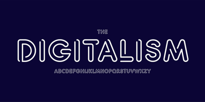 Neon futuristic logo font, rounded outline alphabet. Playful geometric typeface for digital headline, tech stream UI, science display, gambling gaming interface, innovate app. Vector typography