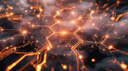 Poster - Abstract glowing digital circuit board design with interconnected lines and bright orange lights.