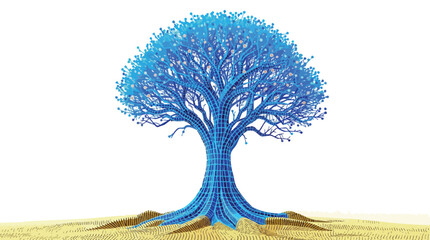 Poster - Digital blue tree illustrating modern technology and data communication on a white background.