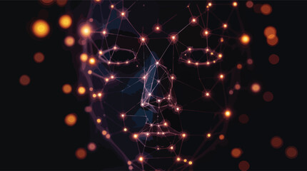 Poster - Digital face representation illuminated with connected nodes and glowing light spheres against dark background.