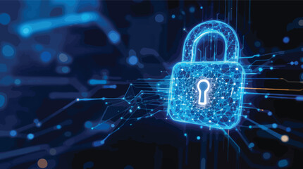 Poster - Digital security represented with illuminated padlock and connected circuits in a dark background.