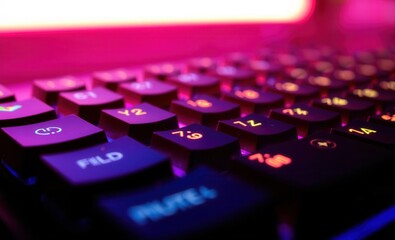 Fototapete - A vibrant close-up shot of a backlit mechanical keyboard with glowing rgb lights and visible dust particles highlighting modern gaming hardware Vibrant Rim Light technology vibrant background colorful