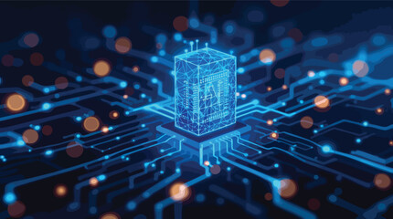 Poster - Futuristic digital circuit board with glowing processor and electronic data transfer illustration.