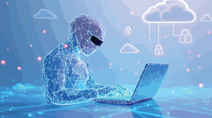 Poster - Futuristic digital person working on laptop with cloud computing and data security symbolism.