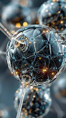 Poster - A high-tech representation of a transparent molecular form interconnected by blue and golden lights, evoking a neural or quantum network