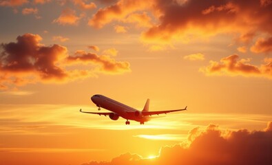 Fototapete - Airplane flying in the sky near airport beautiful vibrant sunset sky with clouds of different tiers height various shades backlit by sunlight Vibrant Rim Light technology vibrant background colorful m