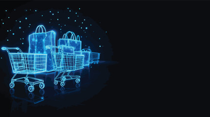 Poster - Futuristic neon shopping carts and bags representing digital commerce and online retail.