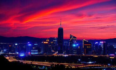 Poster - Vibrant city skyline at sunset with colorful glow and lights Vibrant Rim Light technology vibrant background colorful modern