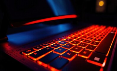 Fototapete - The computer keyboard glows brightly with orange light water droplets create an intriguing effect on the surface during a nighttime setting Vibrant Rim Light technology vibrant background colorful mod