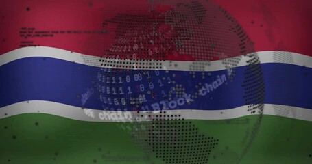 Poster - Globe fading rotating on Gambia flag, scrolling digits, curving Block chain text showing data flow