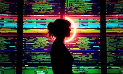 Poster - A silhouette of a woman is set against bright colorful digital panels portraying information and cyber connectivity Vibrant Rim Light technology vibrant background colorful modern