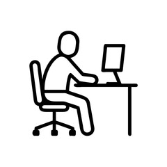Fototapete - Outline drawing of a person sitting in a chair at a desk using a computer in a simple black and white style