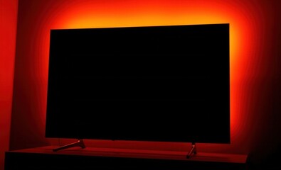 Poster - Television screen with glowing orange light casting a warm hue in a dark room creating a serene and cozy atmosphere Vibrant Rim Light technology vibrant background colorful modern