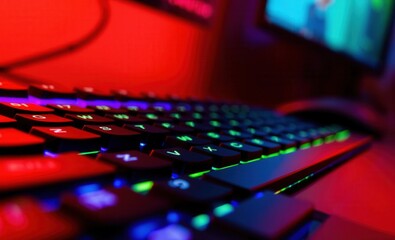 Fototapete - Neon keyboard: hacking and gaming in colored backlighting - technology and internet concept with selected focus Vibrant Rim Light technology vibrant background colorful modern