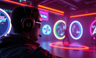 Fototapete - Neon-drenched gamer tech-savvy gamer immersed Vibrant Rim Light technology vibrant background colorful modern