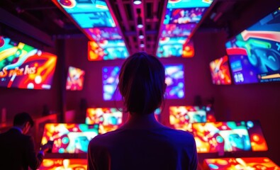Fototapete - A woman in a dimly lit room faces vibrant display screens hinting at modern technology's influence in our lives Vibrant Rim Light technology vibrant background colorful modern