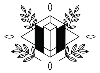 Poster - Geometric mandala design featuring stylized botanical elements and a central isometric cube rendered in a minimalist black and white line art style evoking a modern bohemian aesthetic