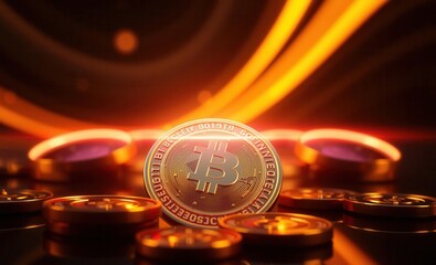 Fototapete - Futuristic glowing coins in motion with abstract background Vibrant Rim Light technology vibrant background colorful modern