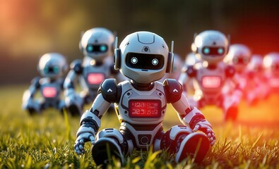 Fototapete - A small robot with a digital screen on its chest sits in a grassy area with multiple identical robots blurred in the background Vibrant Rim Light technology vibrant background colorful modern
