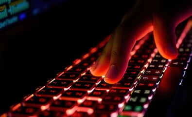 Fototapete - Fingers glide over a glowing keyboard lighting up the dark with vibrant colors and creative energy Vibrant Rim Light technology vibrant background colorful modern