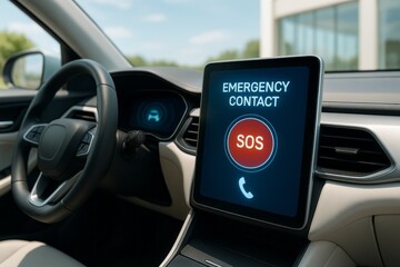 Interior view of a modern car dashboard showing an emergency contact SOS button on the display screen