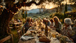 © syaifuddin - Ferragosto celebration in the Italian countryside, large table set under olive trees, family and friends eating traditional food, warm golden light, relaxed and happy expressions, rural landscape.