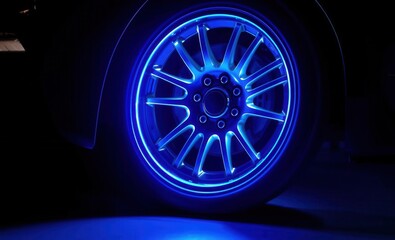 Fototapete - Tire rim illuminated by blue light Vibrant Rim Light technology vibrant background colorful modern