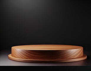 Fototapete - wood podium or pedestal display on dark background with round platform blank product shelf standing backdrop 3d rendering