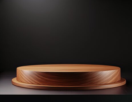 wood podium or pedestal display on dark background with round platform blank product shelf standing backdrop 3d rendering