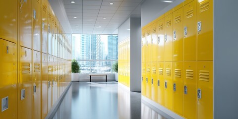 Poster - Bright yellow lockers line a modern hallway with large windows showcasing a city skyline