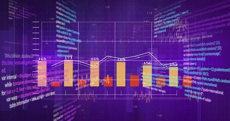 Poster - Violet grid emerging triggers chart bars growing and code panels scrolling visualizing data trends