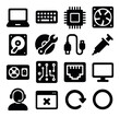 © peppastocker - Tech silhouette icon set: laptop, keyboard, microchip, fan, hard drive, tools, usb, plug, monitor