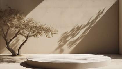 Fototapete - abstract background minimal style tree shadow on concrete wall with beige empty podium for products presentation or text for advertising 3d rendering
