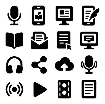 Communication silhouette icon set. includes microphone, smartphone, computer, book, envelope, headphones, share, cloud, more.