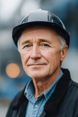 Poster - close-up of elderly white man wearing welding helmet sparks in background shallow depth and blurred steel