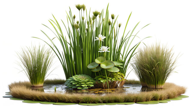 Pond with Water Lilies and Aquatic Plants on transparent background