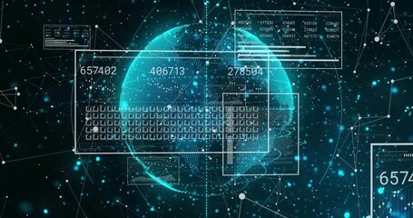 Poster - Fading-in rotating holographic globe visualizing global data panels updating numbers over network