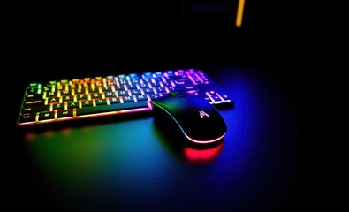 Fototapete - Keyboard and mouse with colorful lighting on a dark surface Vibrant Rim Light technology vibrant background colorful modern
