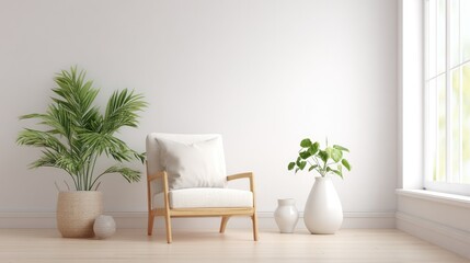 Poster - create clean minimalistic photo showcasing living room corner with fresh decor elements such as houseplants and simple