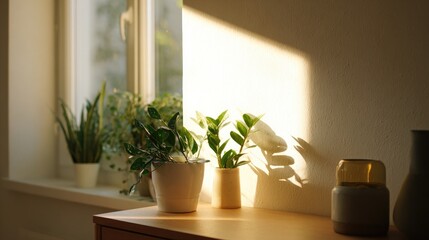 Poster - create clean minimalistic photo showcasing living room corner with fresh decor elements such as houseplants and simple