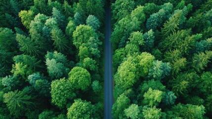Poster - drone top-down view of straight forest path through symmetrical trees golden hour light
