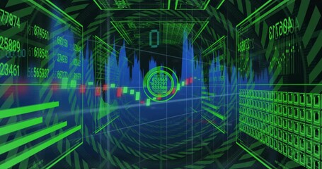 Poster - as wireframe tunnel appearing, HUD reticle updating real-time data with candlestick chart advancing