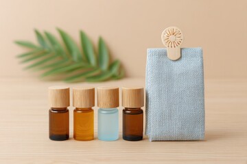 Poster - flat lay of essential oils mini fan and fabric mask on light wood background with copy space in corner