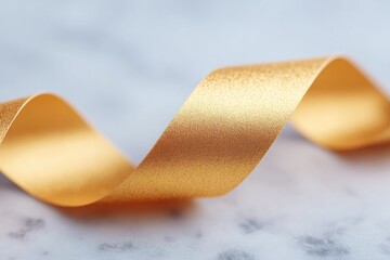 Poster - flat lay of golden streamer ribbon curling across marble background with copy space to right