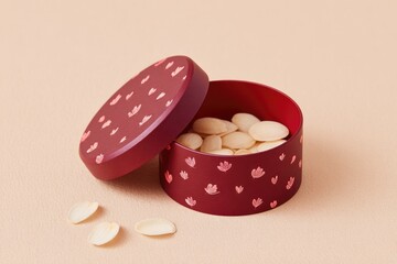 Poster - flat lay of opened mooncake tin with scattered petals and nuts placed on textured beige background