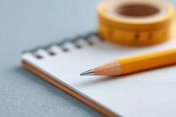 Poster - flat lay of measuring tape pencil and blueprint corner on clean desk with large copy space