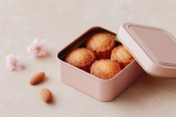 Poster - flat lay of opened mooncake tin with scattered petals and nuts placed on textured beige background