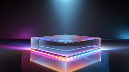 Leinwandbilder - Abstract geometric cube illuminated by colorful neon lights in a futuristic setting with a reflective surface